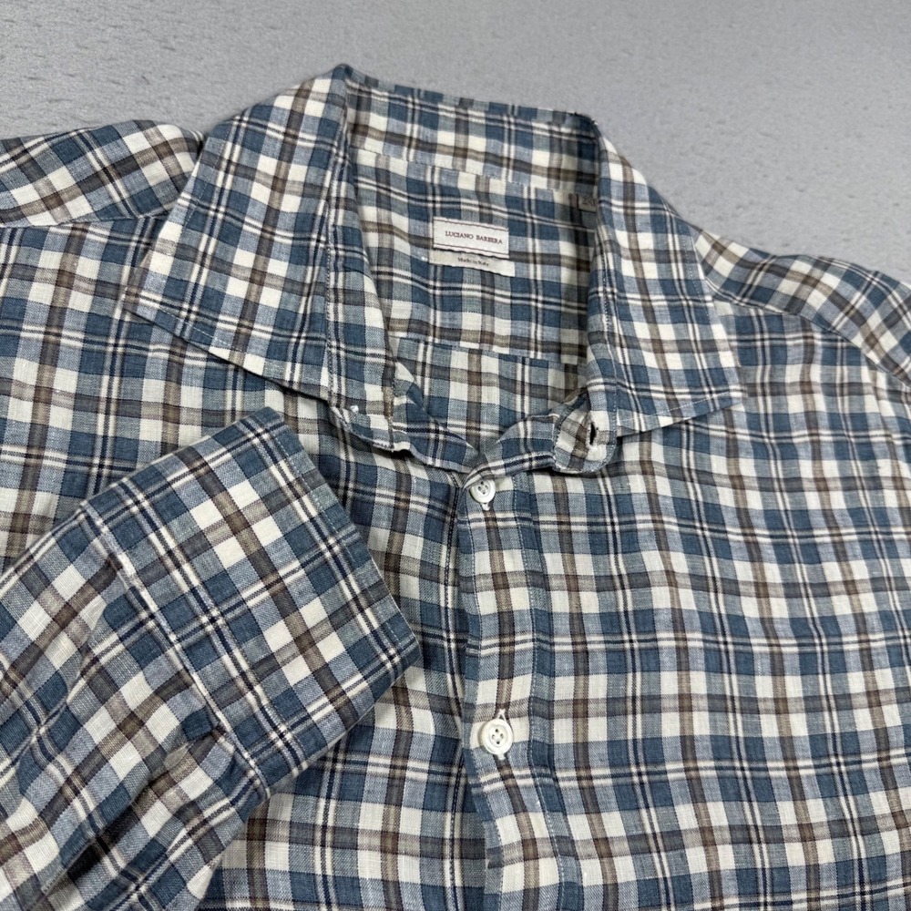 Luciano Barbera Mens 2XL Blue Brown Plaid 100% Linen Button Down Shirt Italy